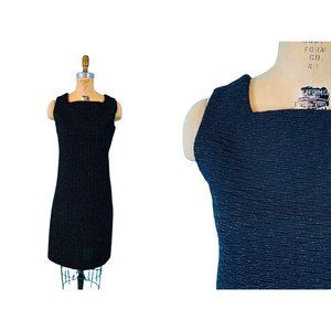 Vintage 60s Shift Dress Womens Medium Black Silver Metallic Cintura